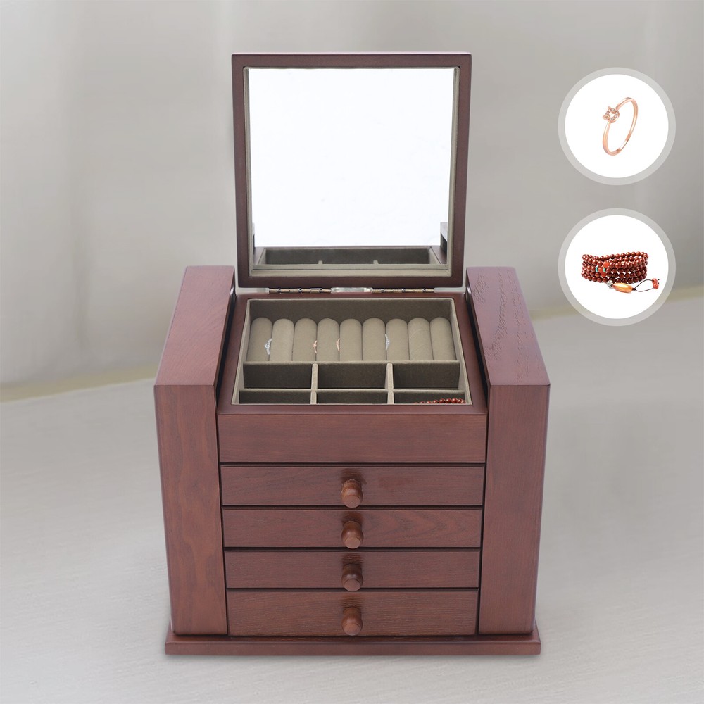 5 Layers Case Vintage Large Jewelry Organizer Wooden Storage Box w/ 4 Drawers