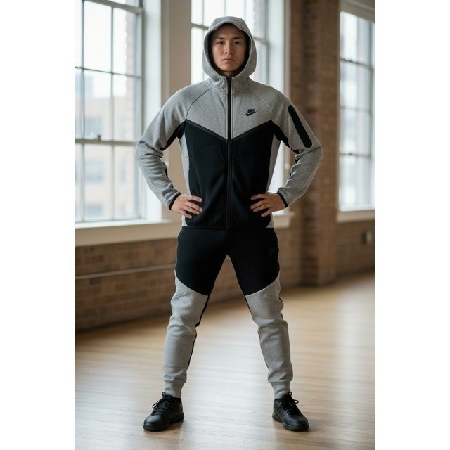 Nike Tech Fleece Tracksuit Grey Black Full Zip Hoodie Joggers Full Set (M)
