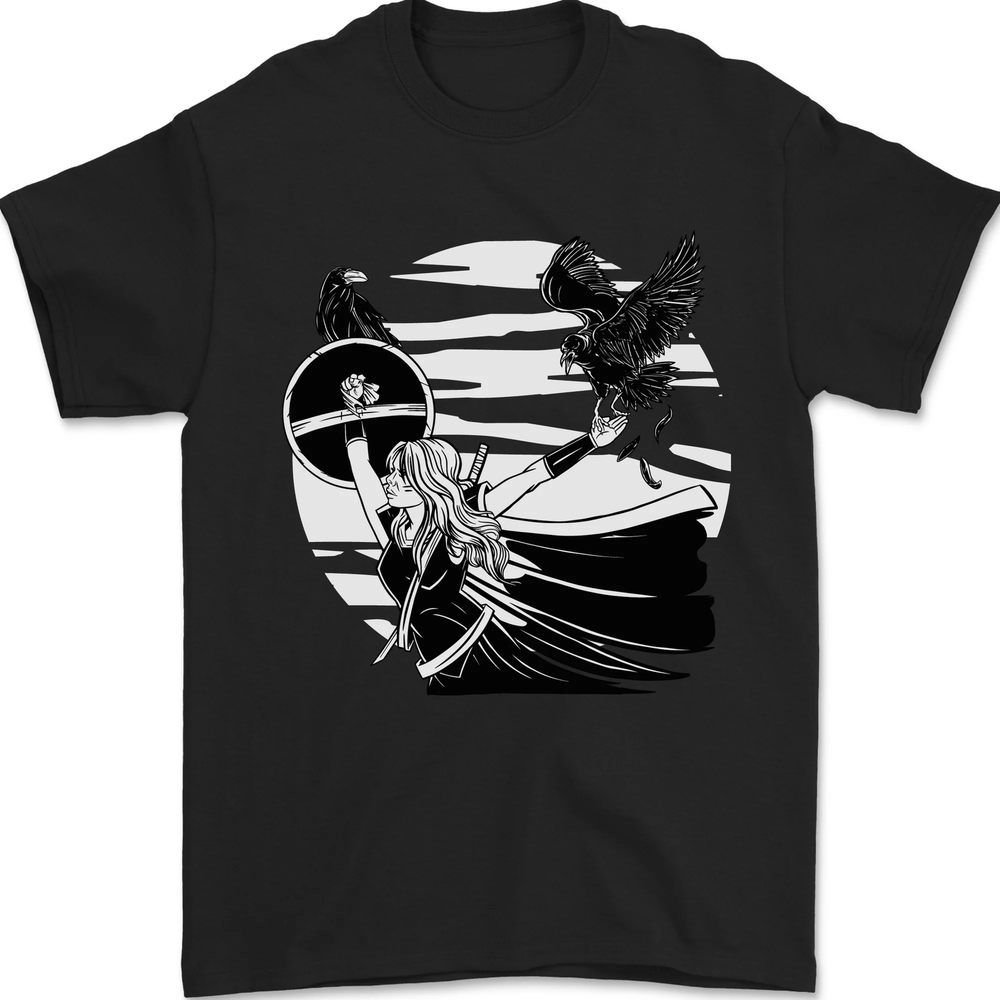 Shield Maiden With a Raven & Viking Ship Mens T-Shirt 100% Cotton