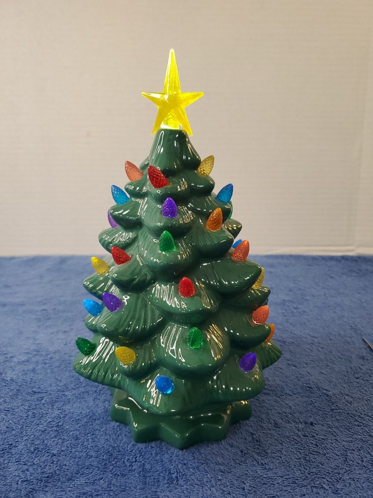 Retro Green Ceramic Christmas Tree with Lights 10 Inch Holiday Decor