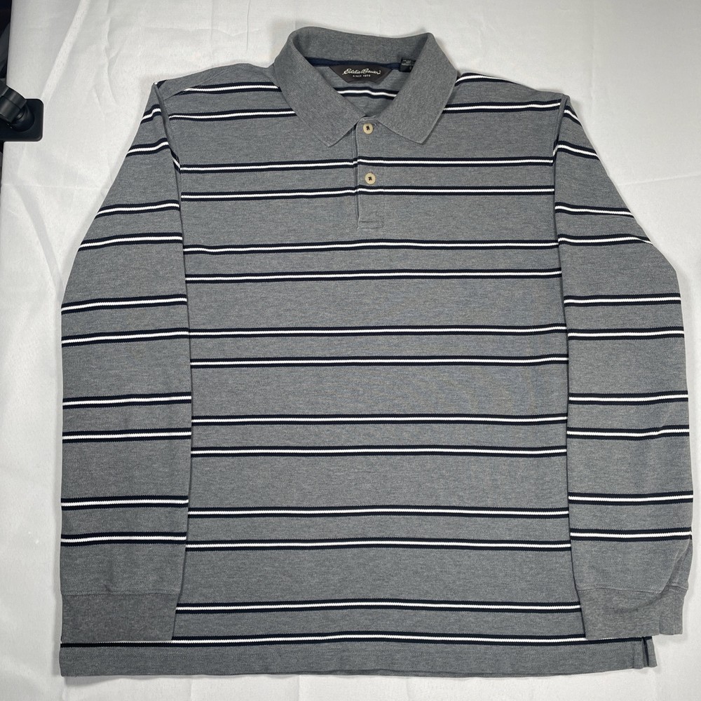 Vtg Eddie Bauer Shirt Henley Mens L Striped Heavyweight Polo Long Sleeve Gray
