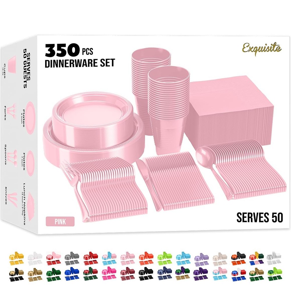 350 Pcs Pink Plastic Plates For Party, Pink Disposable Plates Set, 50 Of Each...