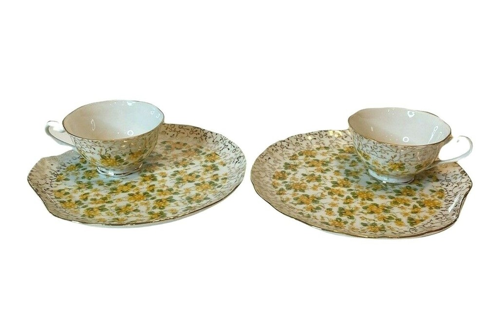 Set of 2 Yada China Luncheon Set Teacup and Snack Plate Yellow Rose Design Japan