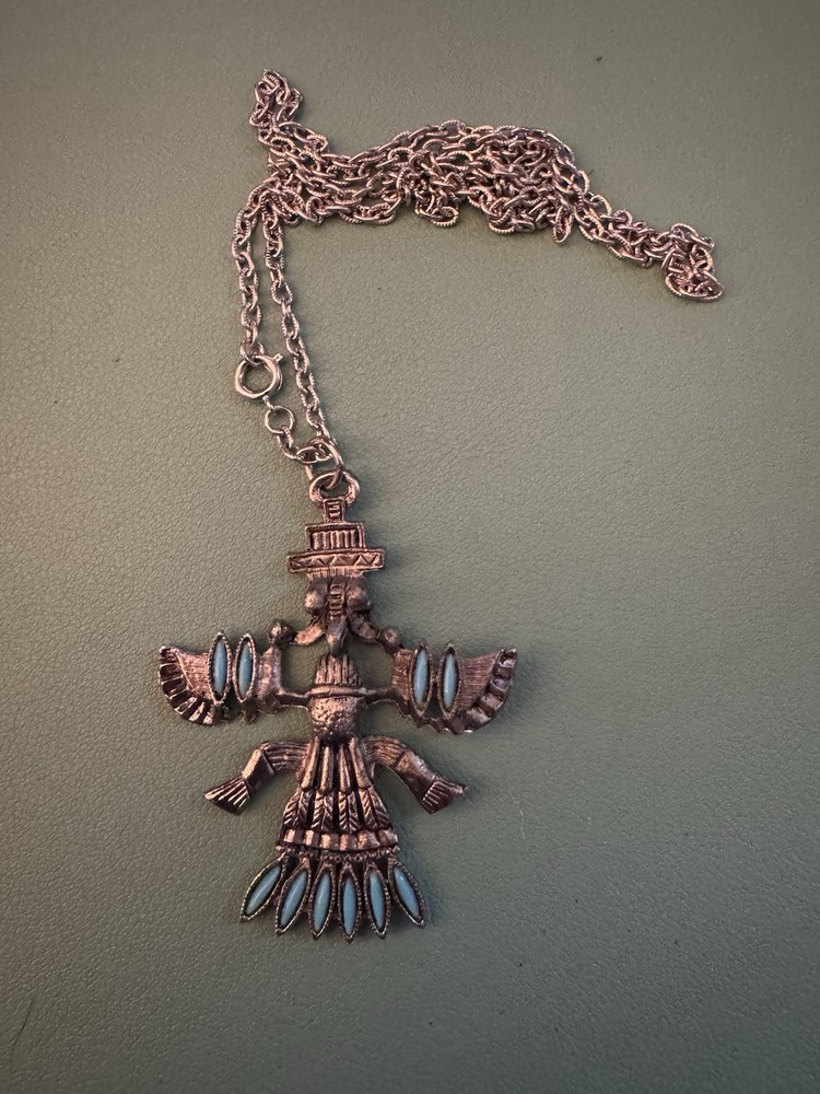 Vintage Faux Turquoise Kachina Silver Tone Southwestern Style Pendant Necklace