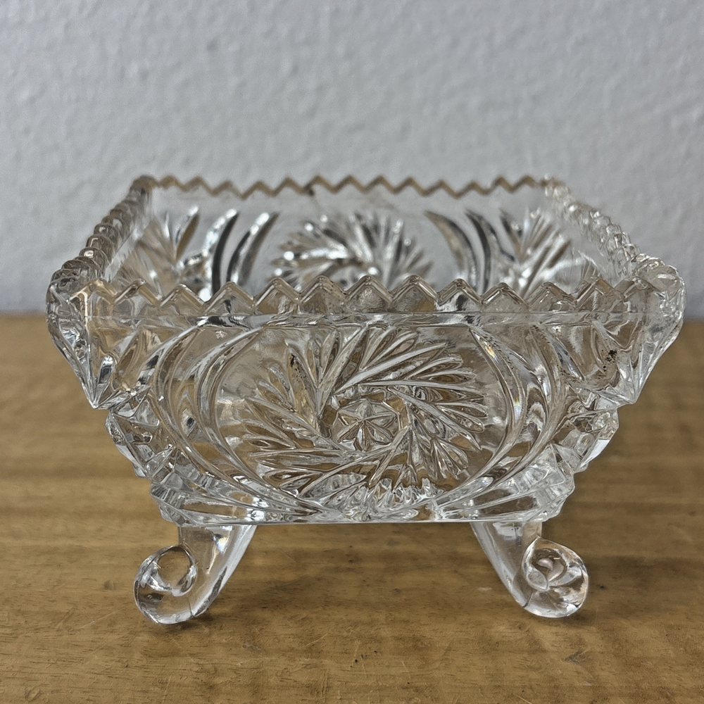 EAPG Pinwheel And Hobstar Square Footed Compote Candy Dish Clear Glass Pattern