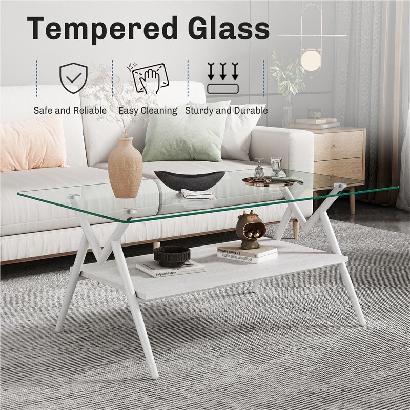 Modern Rectangle Glass Coffee Table Side Center Table with Shelf for Living Room