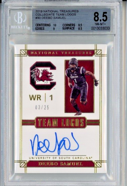 2019 National Treasures College Team Logos RC #/25 Deebo Samuel BGS 8.5 AUTO 10