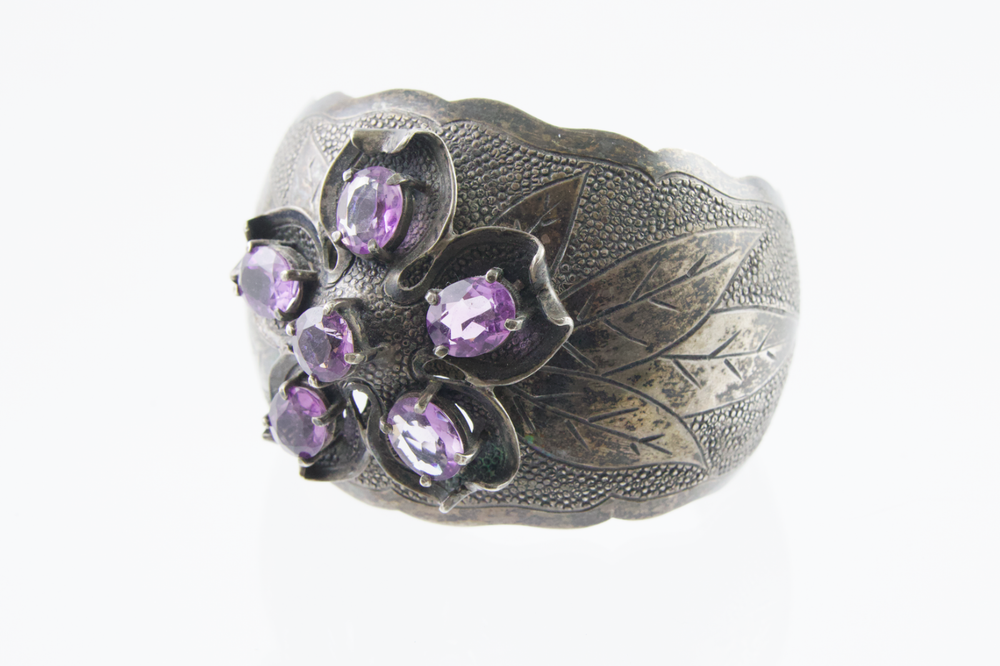 Antique 850 Sterling & Amethyst Engraved Dimensional Flower Wide Cuff Bracelet