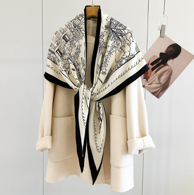 60% Wool 40% Silk Wrap Scarf White Paris Print Triangle Shawl 195X125X125cm new