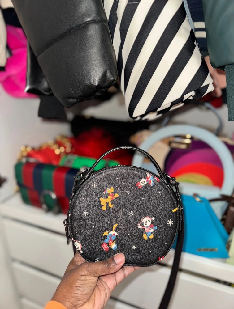 NWOT Coach CM846 Disney X Coach Canteen Crossbody Bag Holiday Print Black Multi