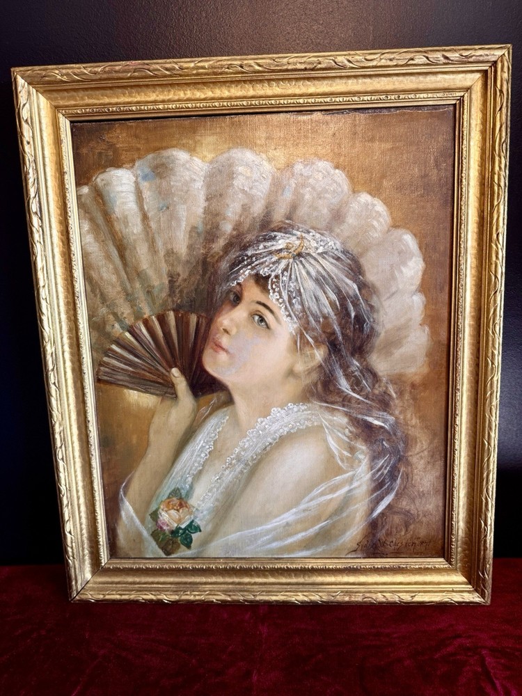 1887 Antique Oil Portrait of A Lady with Fan Signed 19th Century Framed