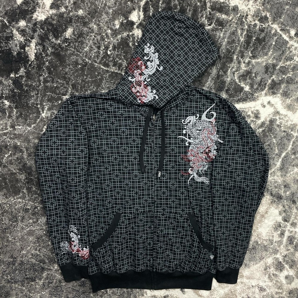 Sapphire Lounge Hoodie Mens Small Y2K Dragon Embroidered Grunge Skate Goth Emo