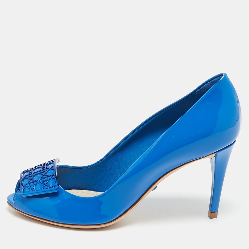 Dior Blue Patent Leather Peep Toe Pumps with Cannage Plaque Size 36