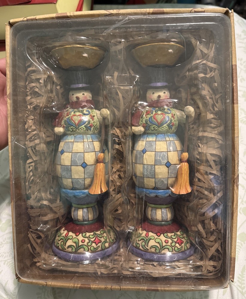 Jim Shore Set Of 2 Snowman Taper Candle Holder Rare New In Box 2008