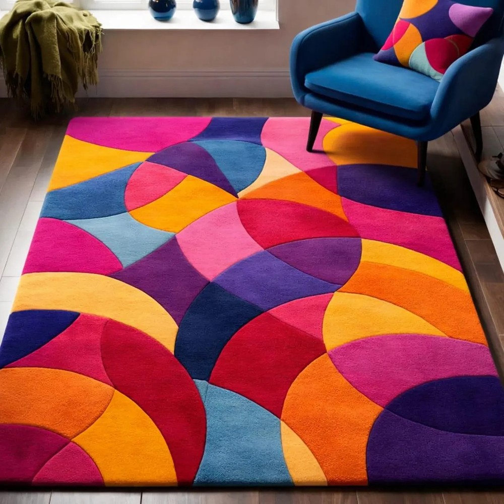Colorful Abstract Hand Tufted Rug, Modern Geometric Wool Carpet,