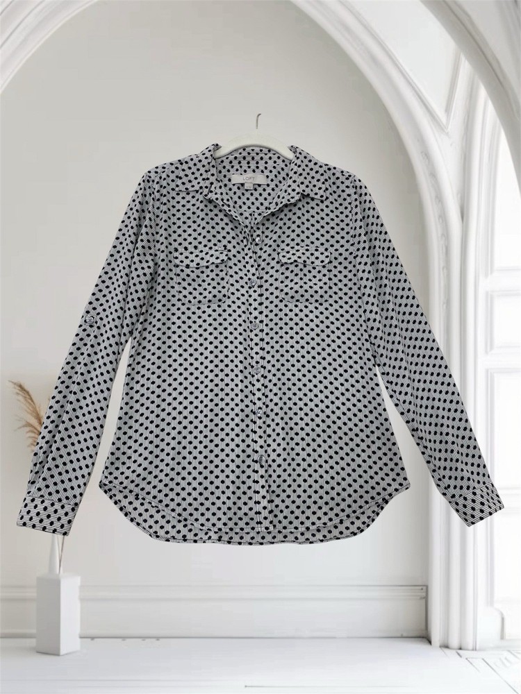 Ann Taylor LOFT Womens Black Polka Dot Long Sleeve Top Size XS Button Front