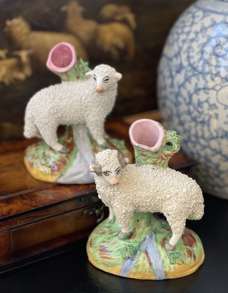 Stunning Antique 19C English Staffordshire Sheep Ram Ewe Lamb Spill Vase Pair 5”