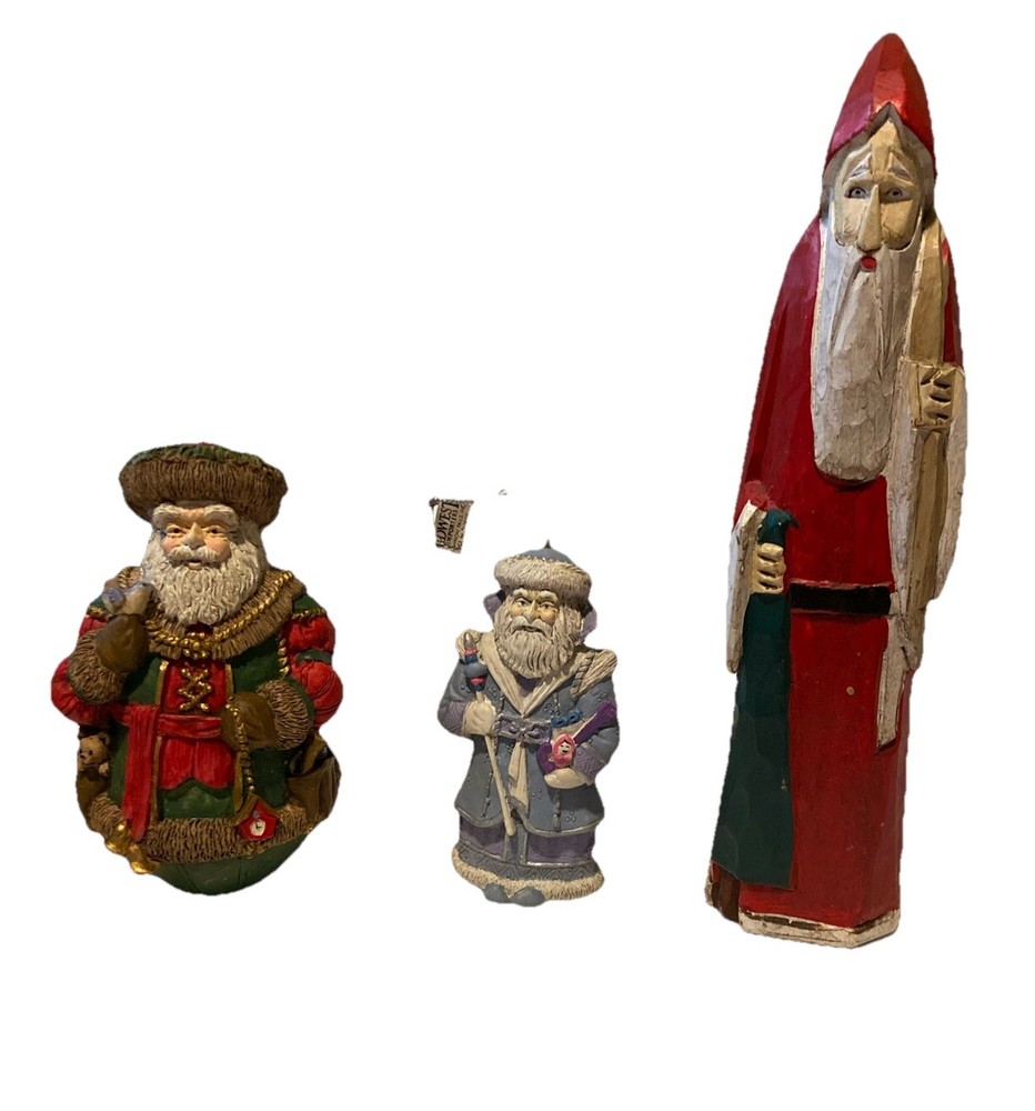 Santa Trio Roly Poly Rustic Wood Santa Papa Frost Ornament Vintage Folk Art
