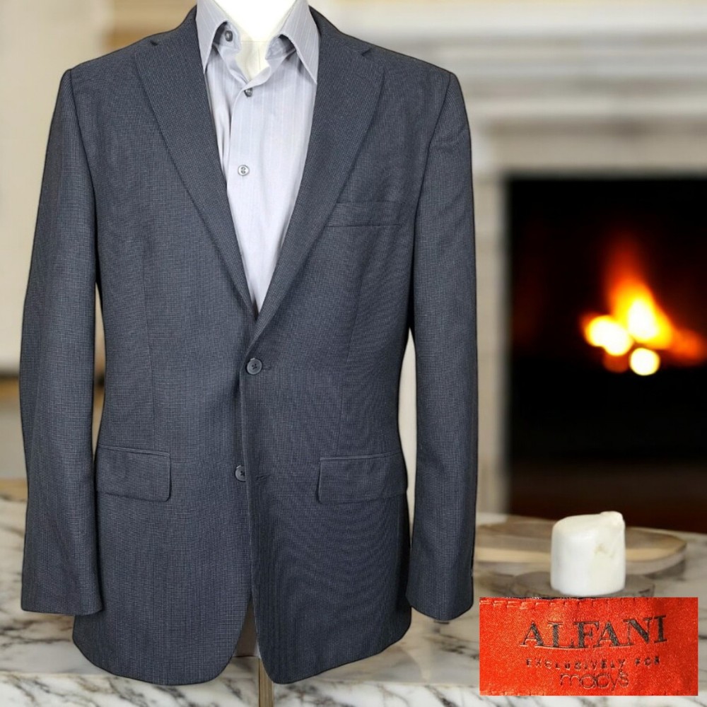 Alfani Jacket Sport Coat Mens 40L Gray Microcheck Double Vented