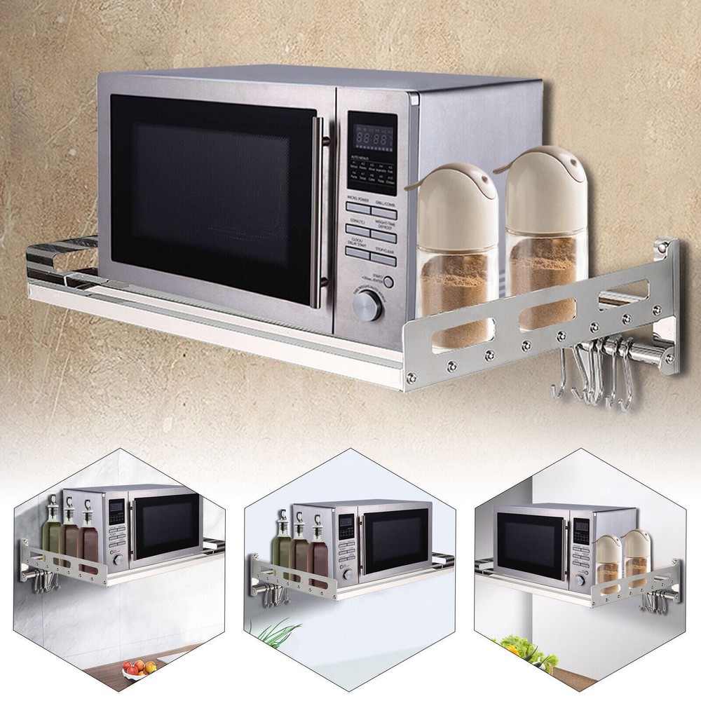 Stainless Steel Wall Mount Microwave Shelf With 12 Hooks For Kitchen Storage