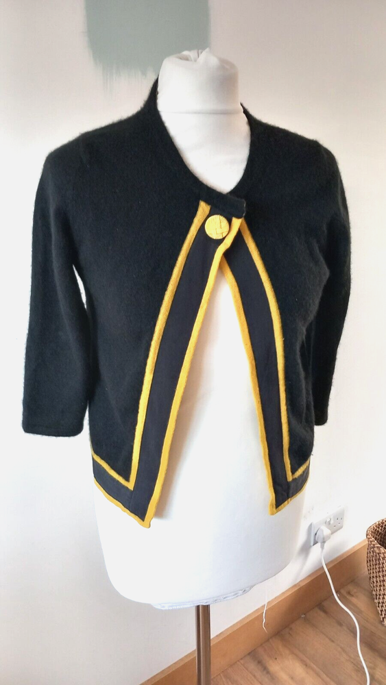 Joules 100% Pure Cashmere Crew Neck Cardigan Black Yellow UK 10