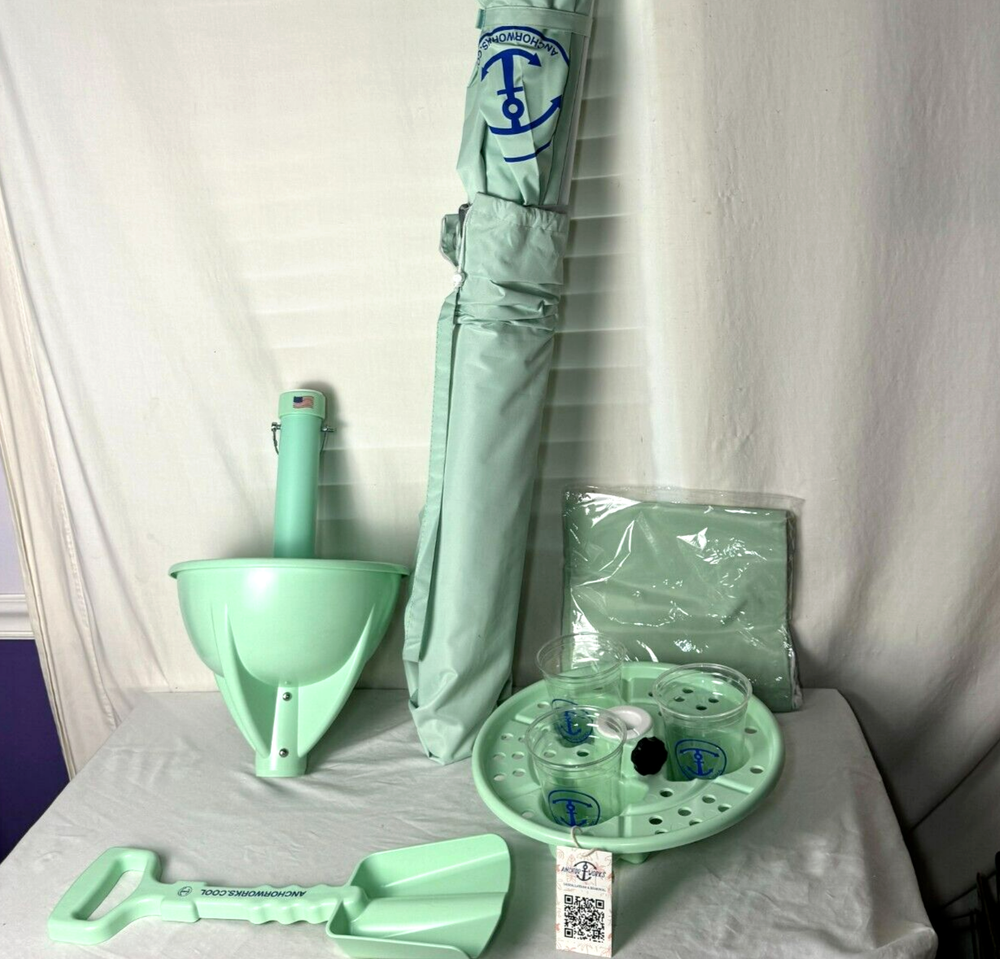 BRAND NEW Anchor Works All-In-One Classic Beach Umbrella System with Table and Base for Ultimate Beach Comfort