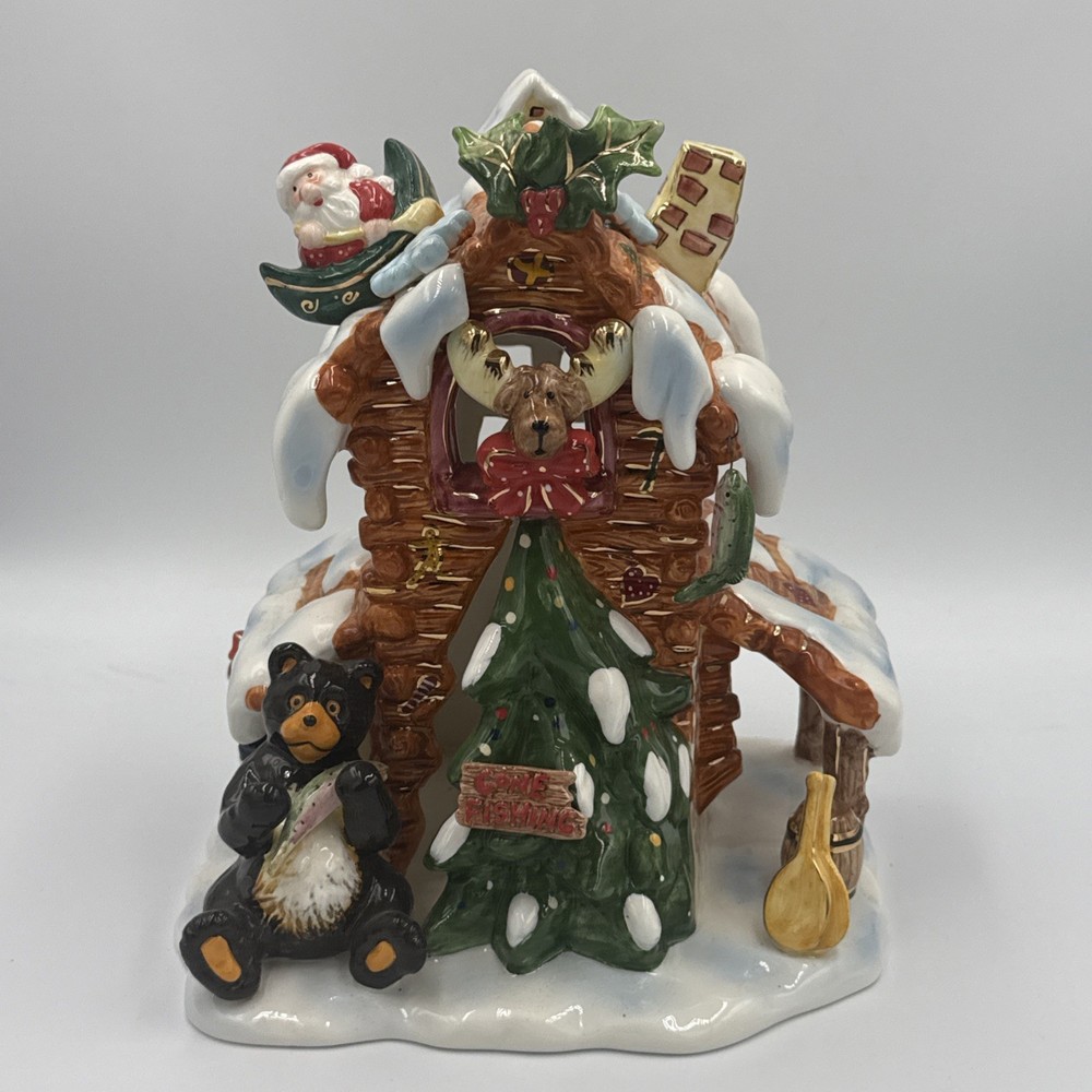 Grandeur Noel Lighted Holiday House Ceramic 2002 GONE FISHING Collectors 10”