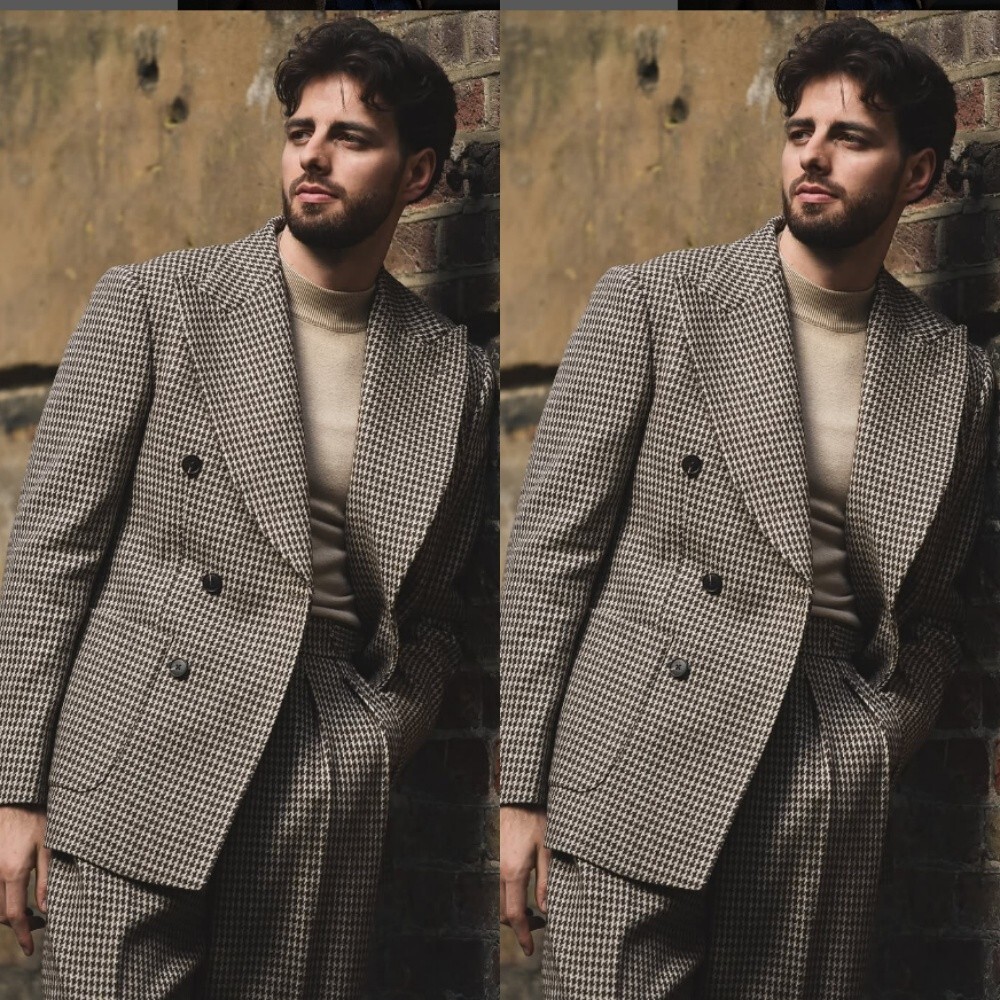 Vintage Houndstooth Men's Suits Wide Peak Lapel Retro Party Prom Men Tuxedos