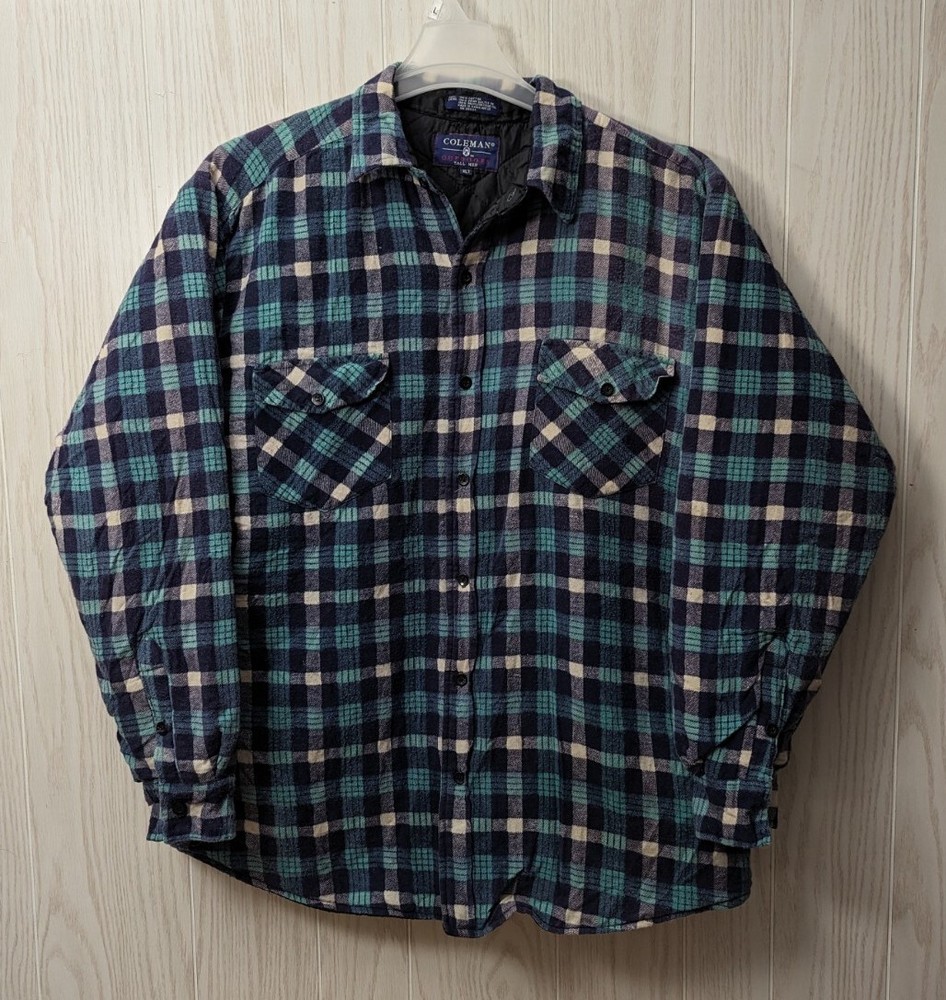 VINTAGE COLEMAN Outdoors TALL XL Quilted Lined Plaid Jacket Blue Shacket Flannel