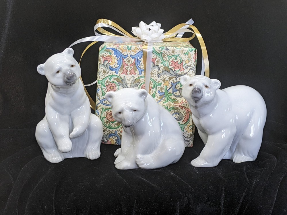 Vtg 3 Lladro Polar Bear Figurines Resting Standing Seated Gift Wrapped!