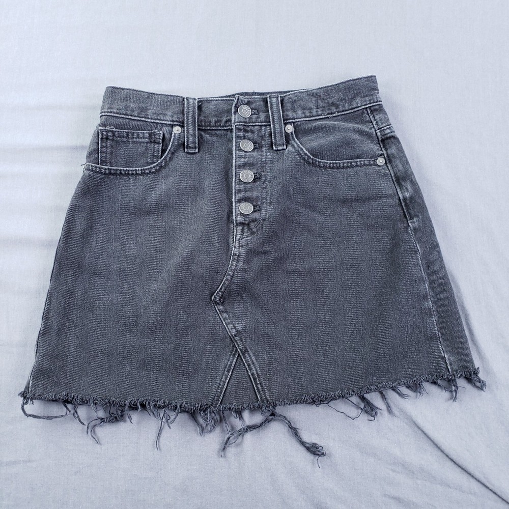 Madewell Skirt Womens 25 Black Rigid Denim A Line Mini Skirt Cut Off Button Fly