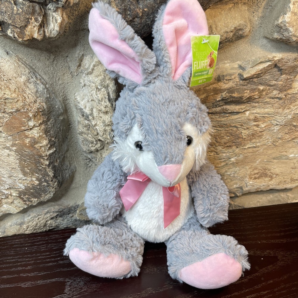 Bunny Rabbit Plush Happy Go Fluffy Gray Pink 13