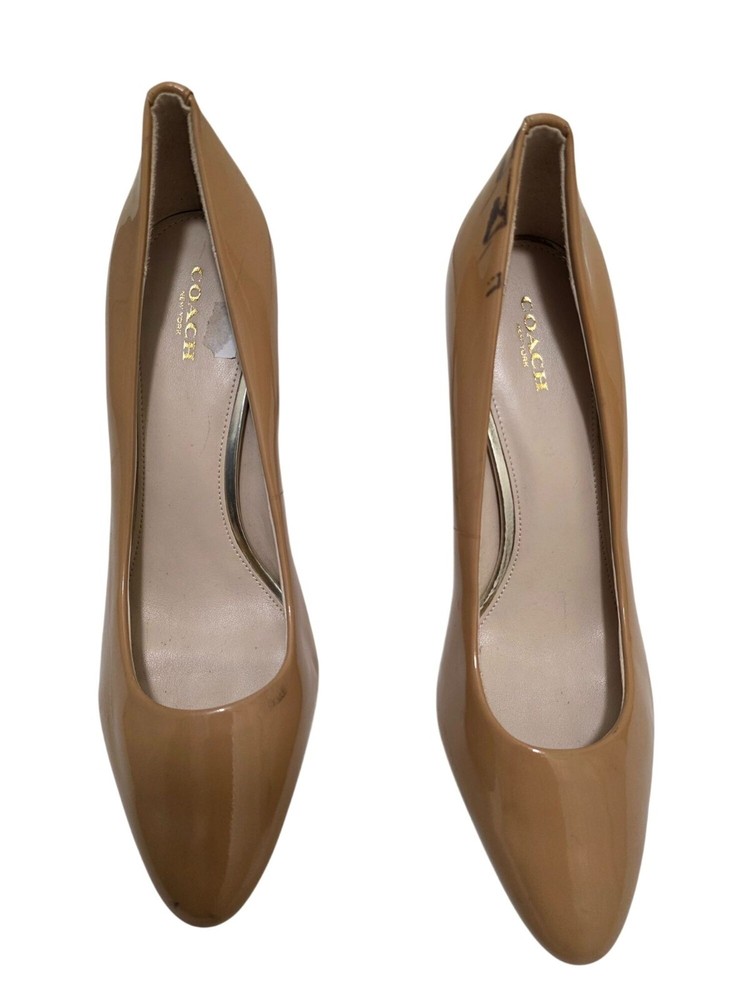 COACH Nude Patent Leather Platform Pumps with Stacked Heel & Logo Detail for Women