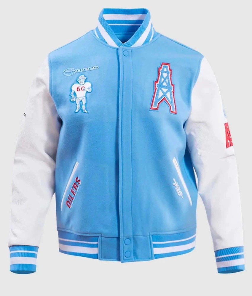 Men’s Sky Blue & White Wool & Leather Varsity Letterman Jacket – Free Shipping