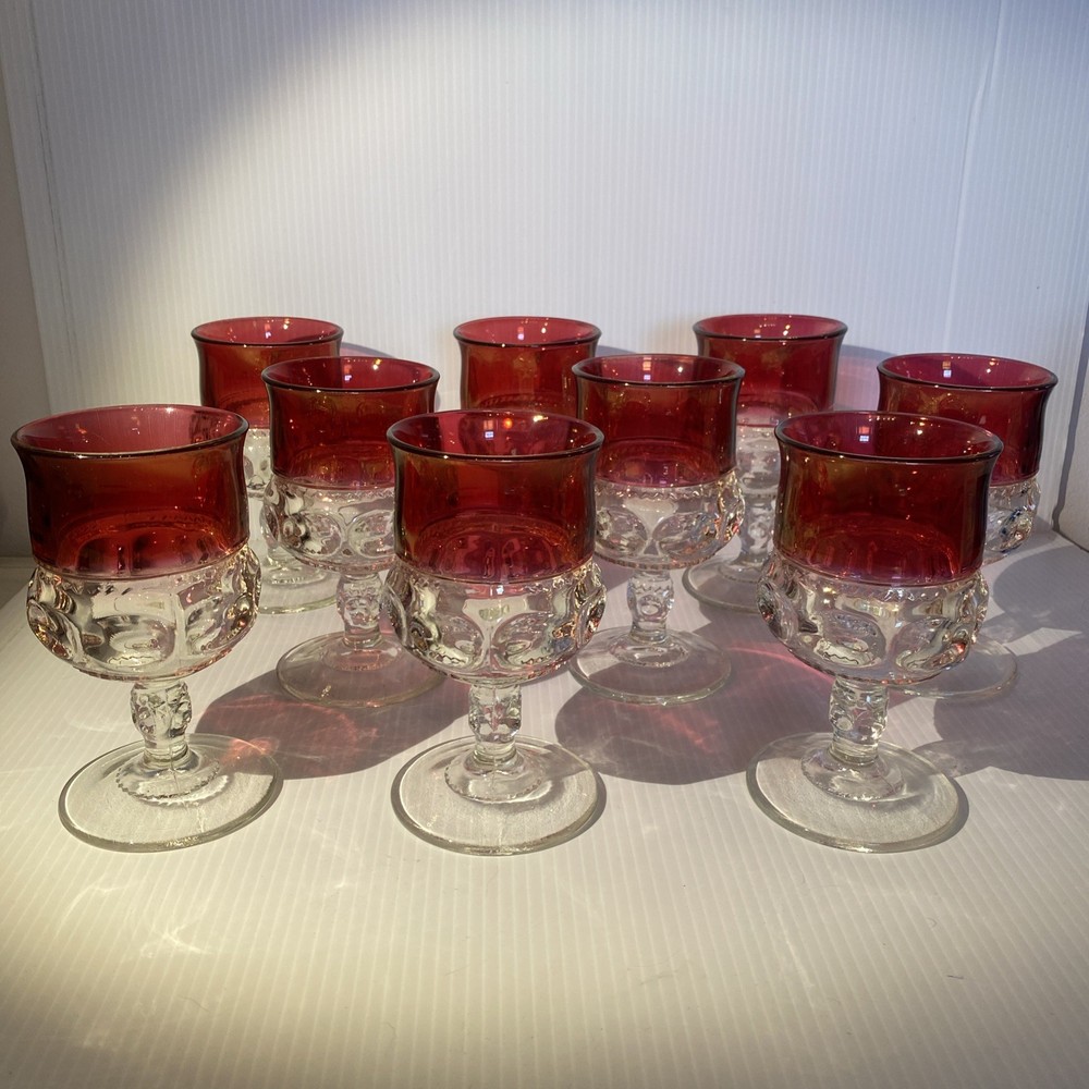Kings Crown Ruby Red Flash Thumbprint Tiffin Wine Water Goblets Set of 9