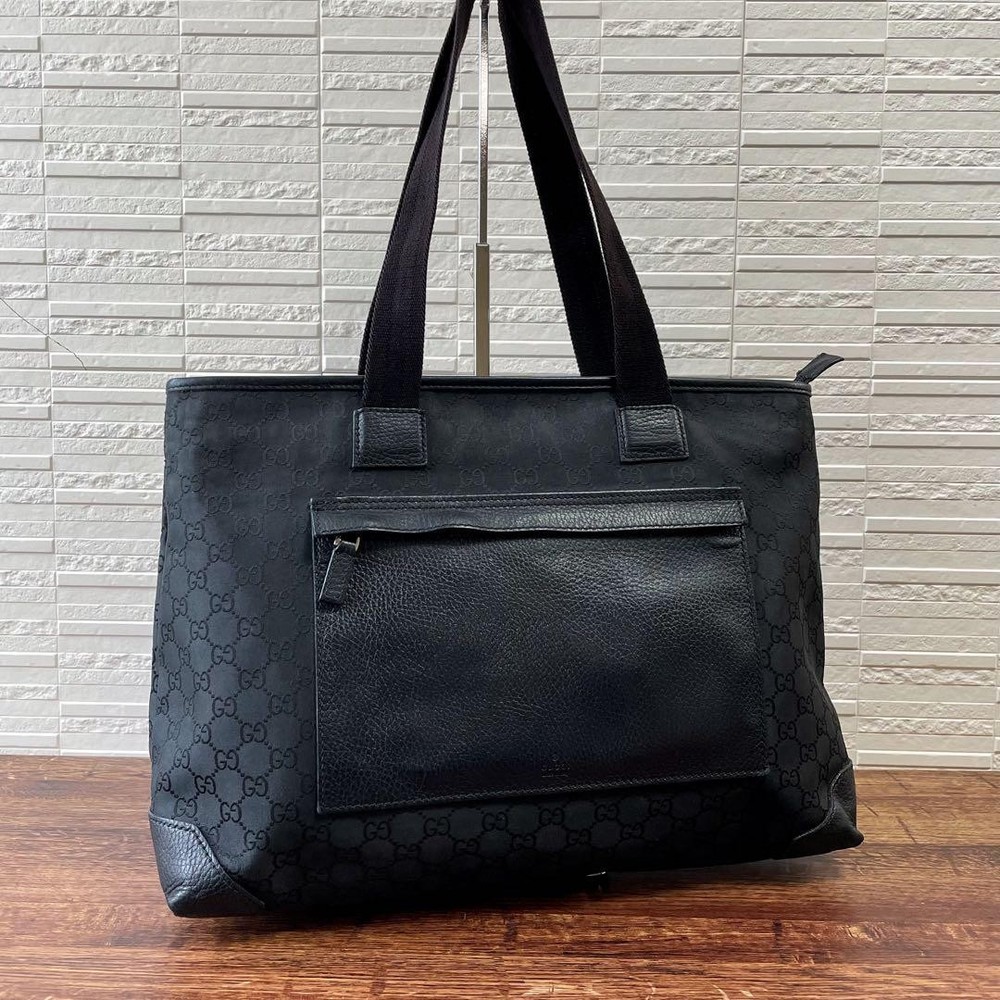Gucci GG Canvas Black Leather Nylon Tote Shoulder Bag
