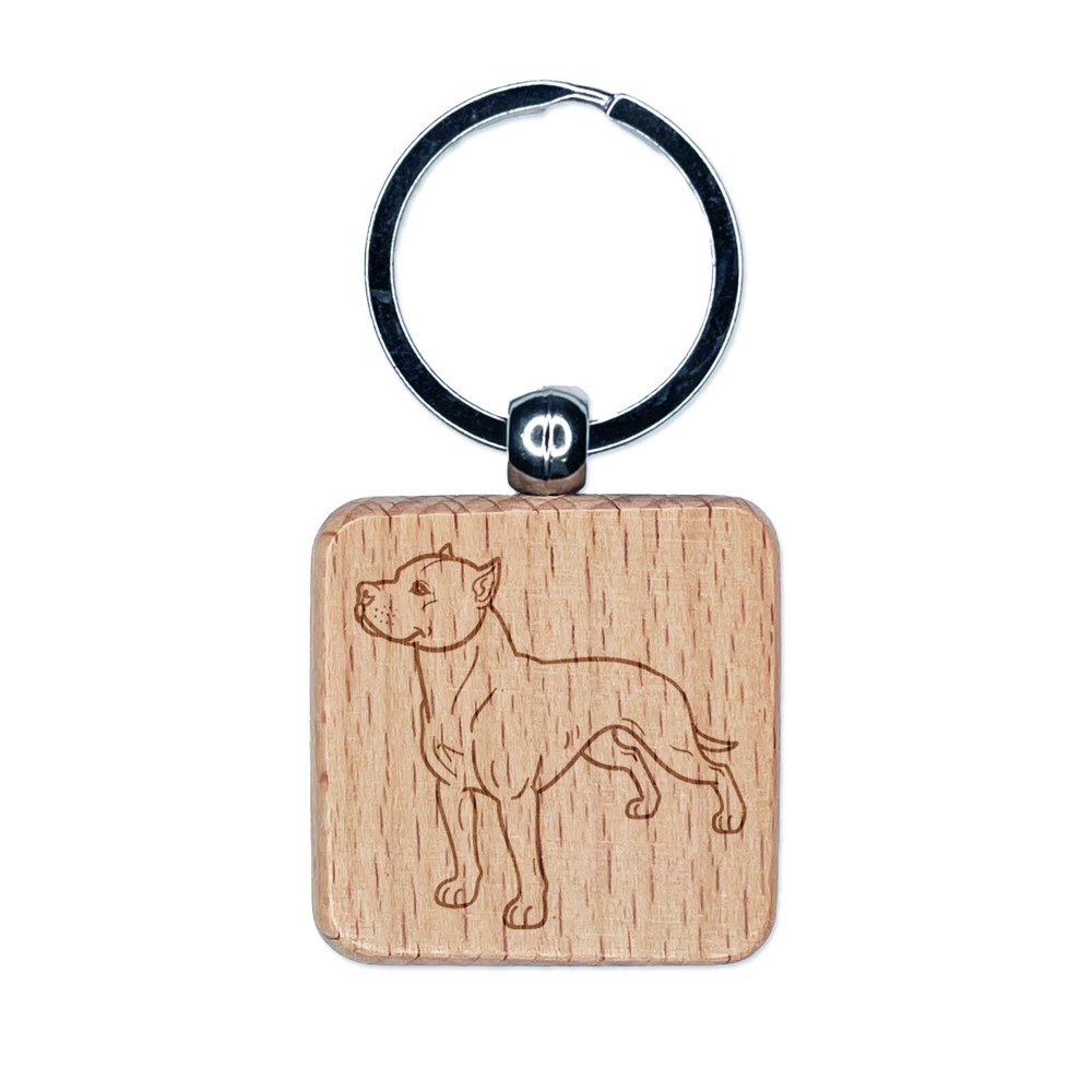 Friendly American Pit Bull Terrier Pet Dog Engraved Wood Square Keychain
