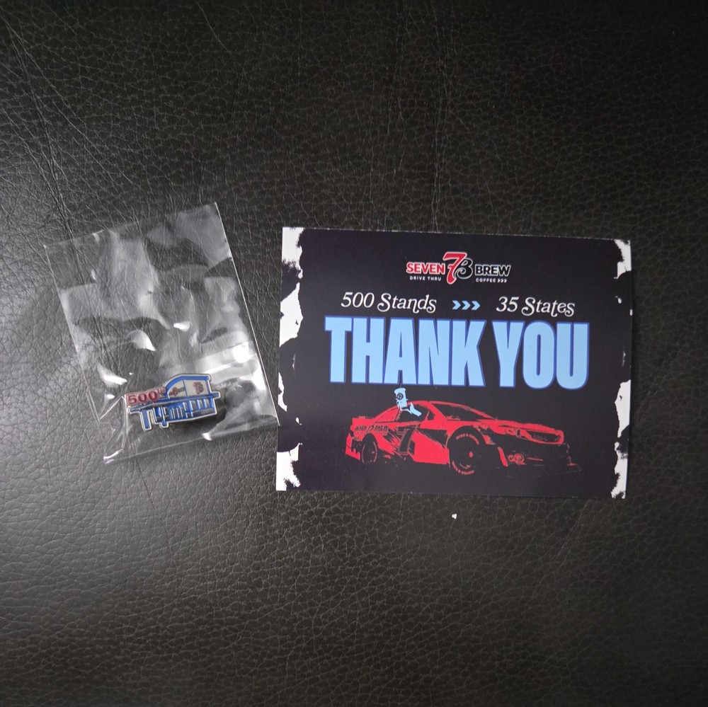 2 7 BREW LIMITED EDITION 500th Store opening  pins with thank you card