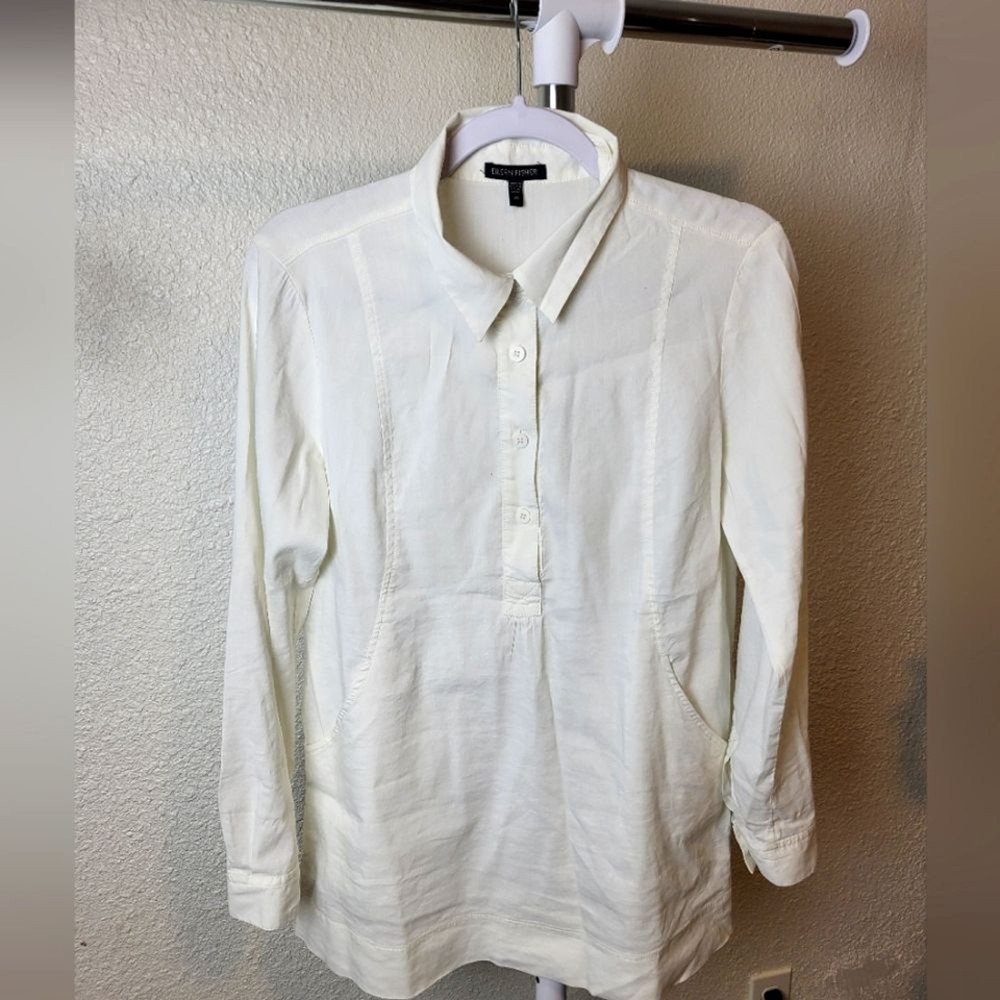 Eileen Fisher Linen Blend Button Front Collar Tunic Blouse Xsmall