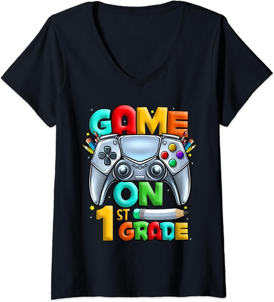 Game On 1st Grade Back To School Level Unlocked Gift Ladies' V-Neck Tshirt