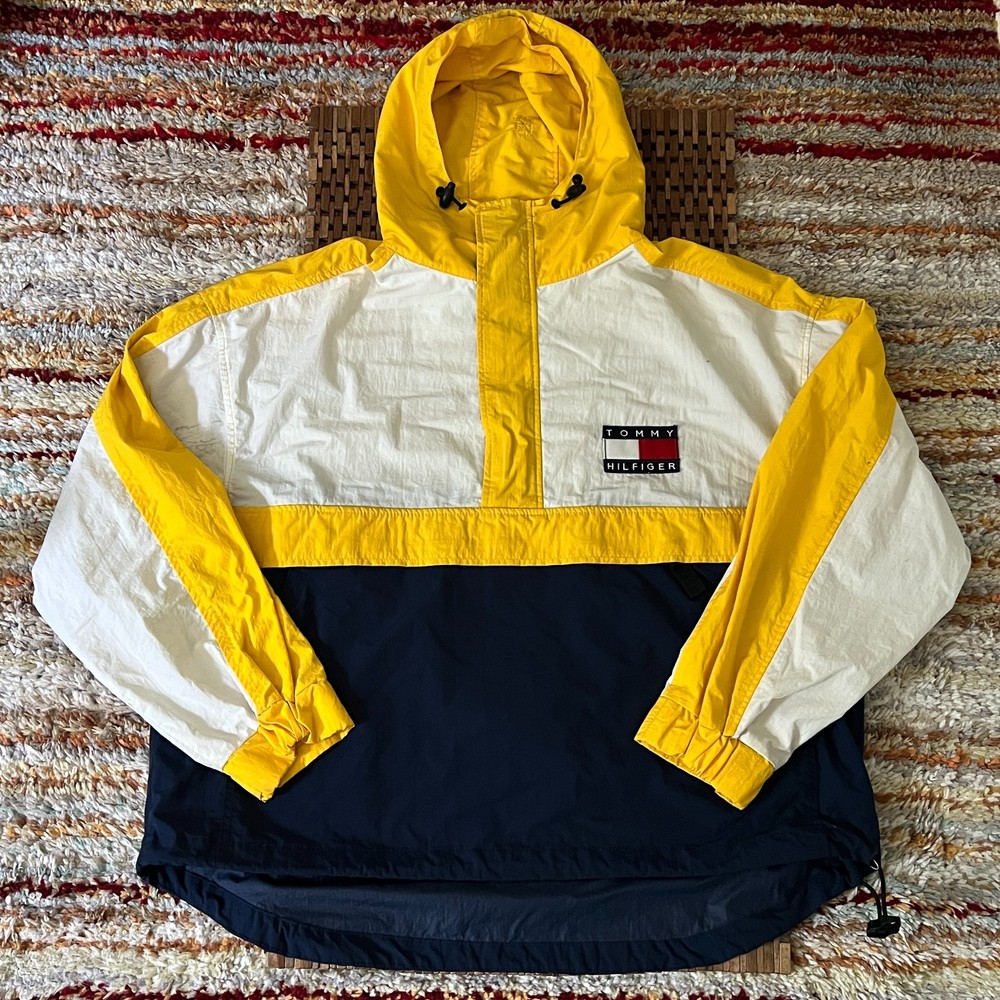 Tommy Hilfiger Color Block Anorak Windbreaker Jacket Hoodie Yellow White XL