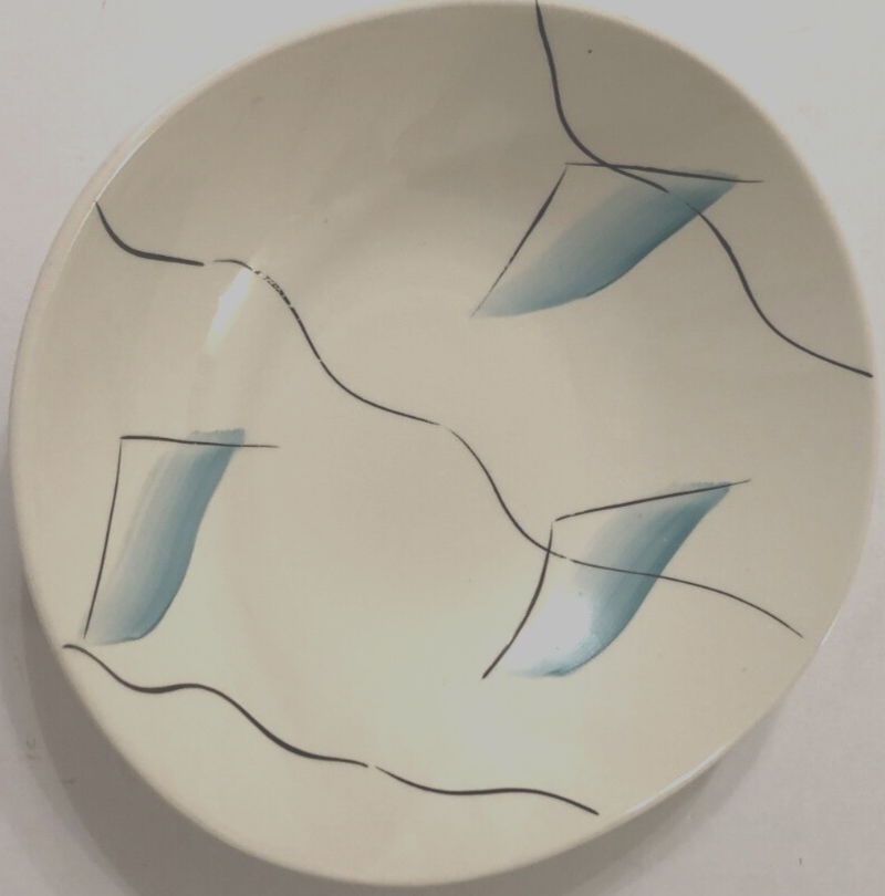Vintage White Hand-Painted Bowl with Cadet Blue & Black Accents 9.5x9 Inches