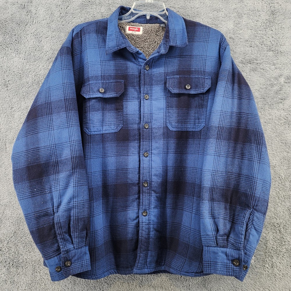 Wrangler Flannel Jacket Mens 2XL Blue Plaid Shacket Fleece Sherpa Lined Workwear