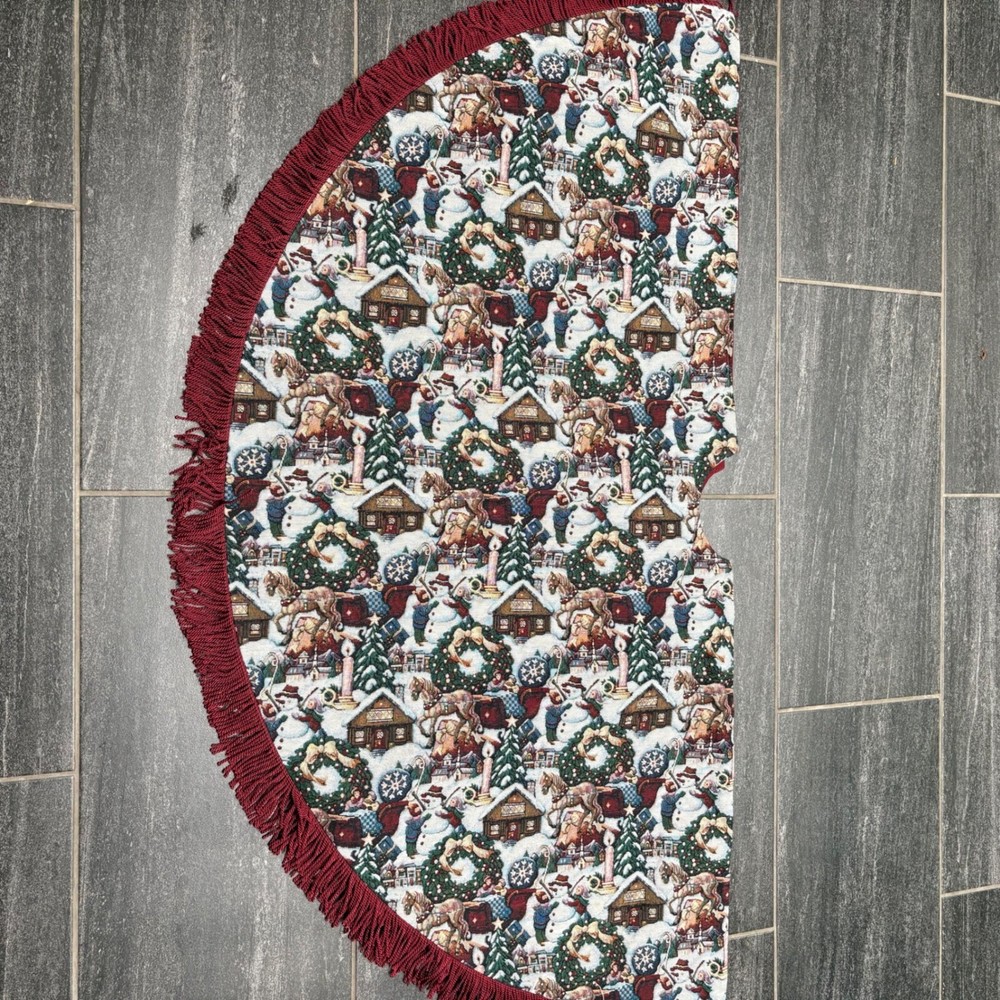 Festive Christmas Tree Skirt with Santa Snowman Cabin Design and Fringed Edge