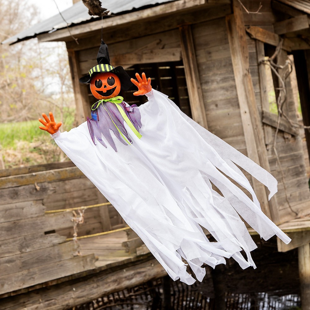 4ft Hanging Animated White Smiling Pumpkin Scarecrow by Morris Costumes