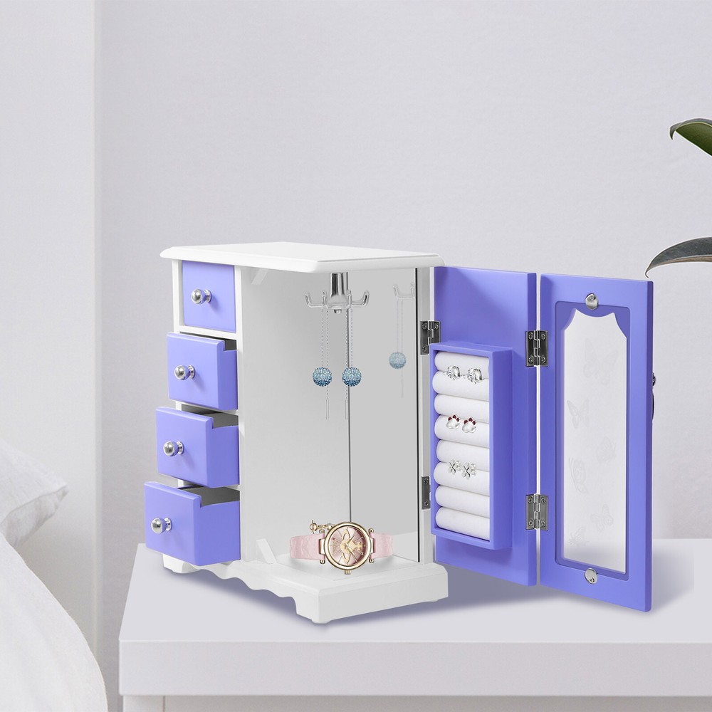 Wooden Jewelry Box Butterfly Jewelry Storage CabinetOrganizer & 4 Drawers Mirror