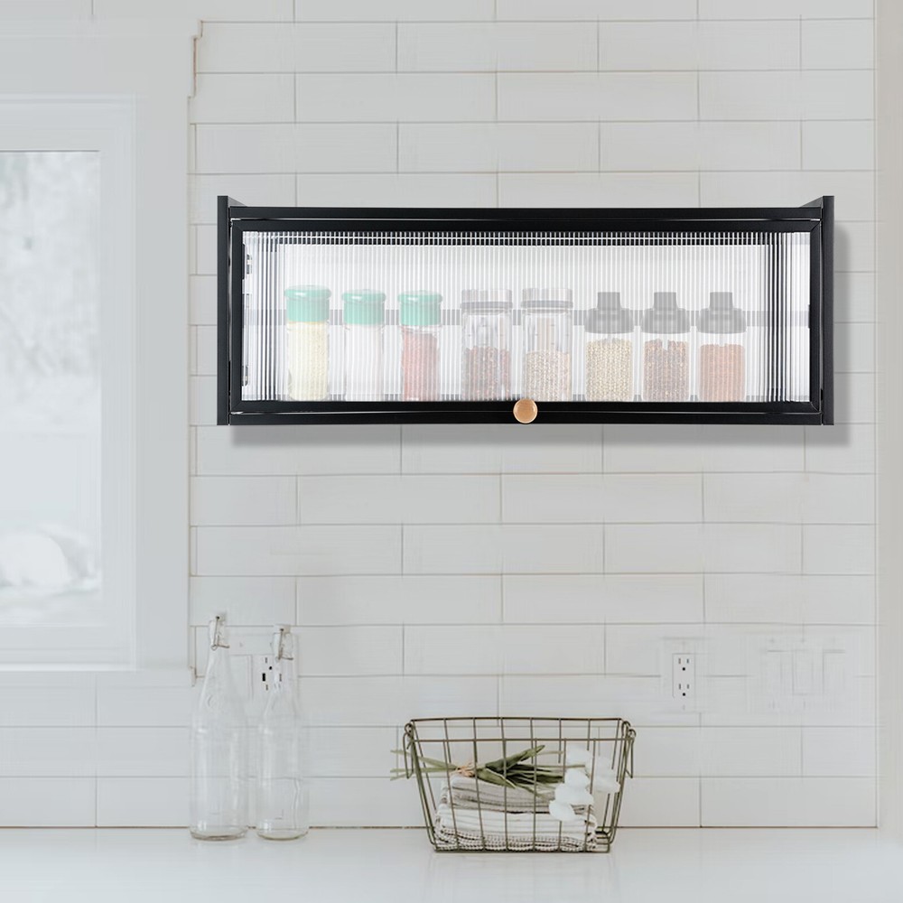 Wall-mounted flip-up kitchen cabinet with translucent strip storage