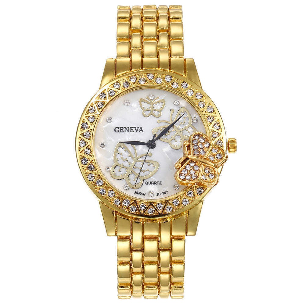 Elegant Alloy Quartz Watch with Diamond Butterfly Design for Women