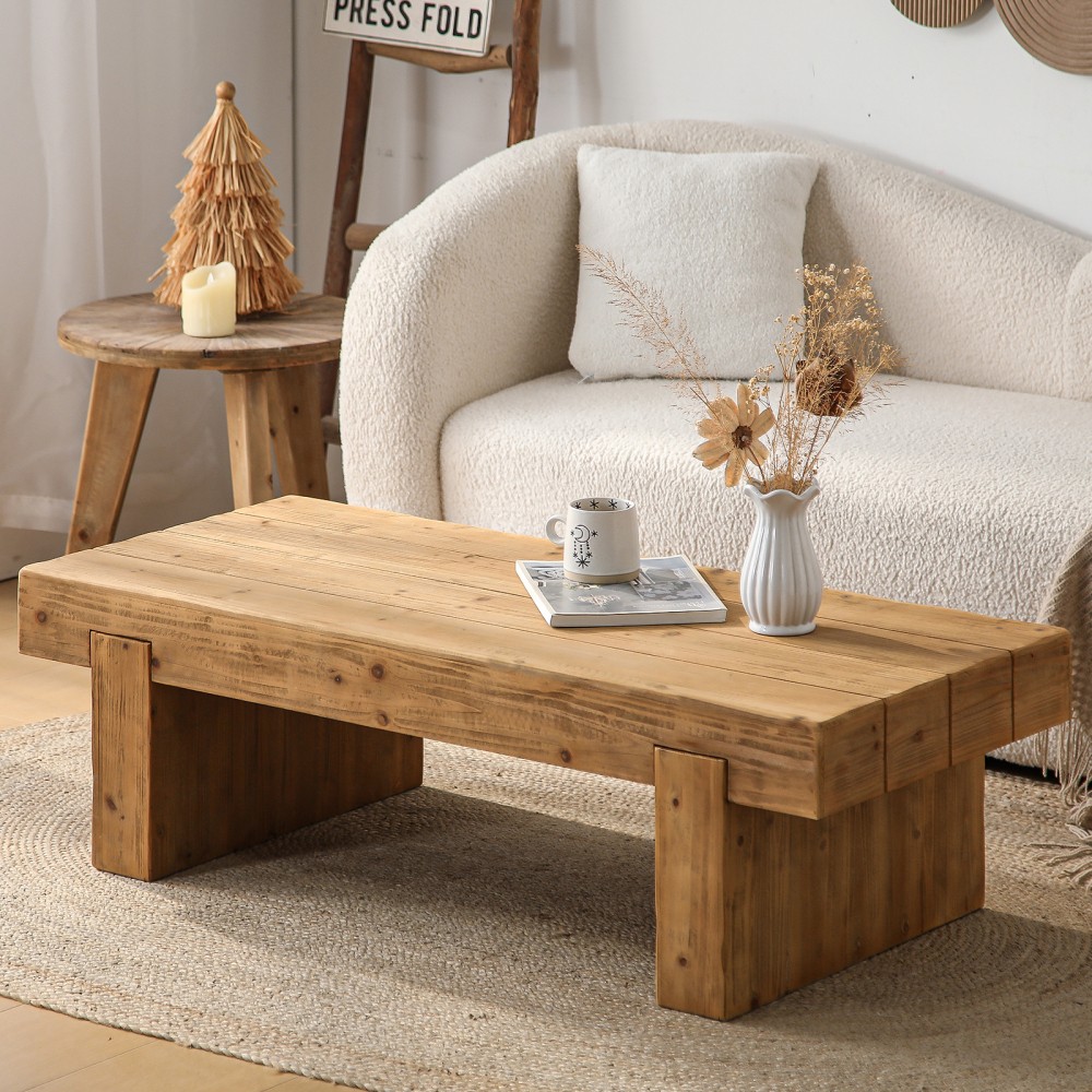 Solid Wood Coffee Table Featuring Natural Wood Grain With Double Base Support