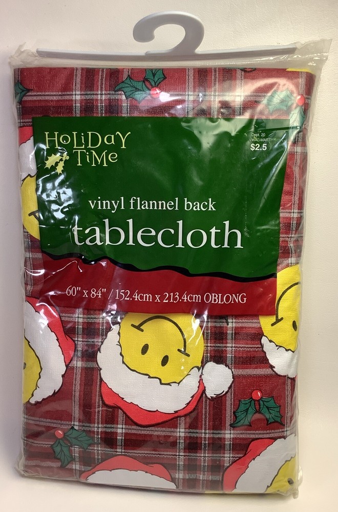 Festive Holiday Time Smiley Face Tablecloth Vinyl Flannel Back 60x84 Inch